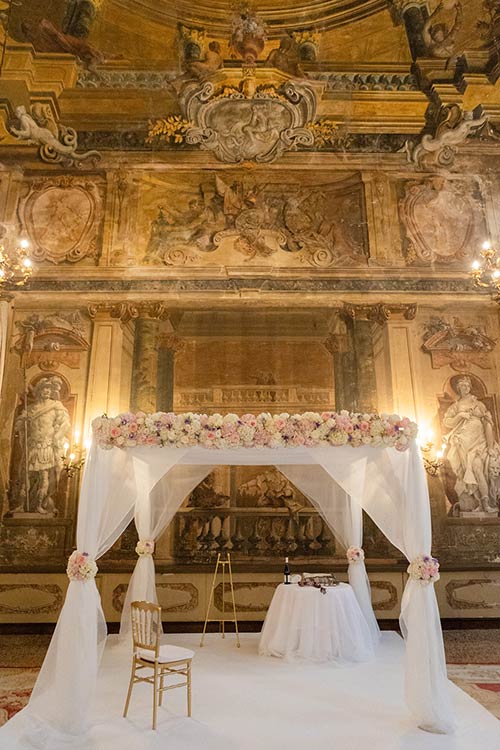 Jewish and Catholic interfaith wedding ceremony setup inside a frescoed Venetian palace
