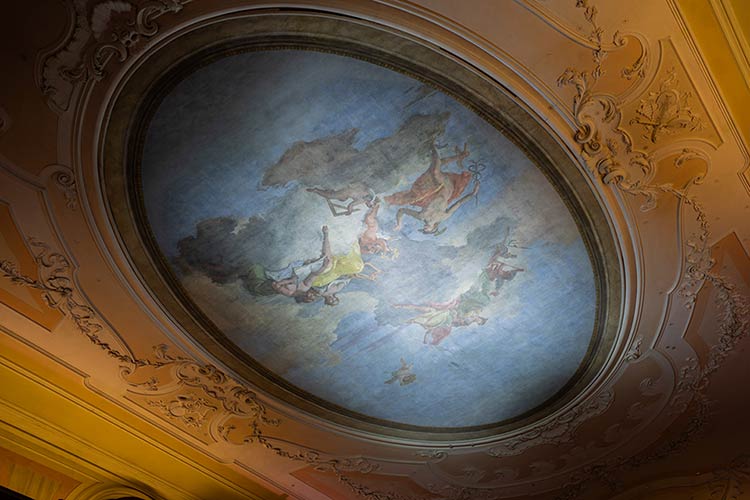 Detail of a historic fresco inside a Venetian palace used for the wedding reception