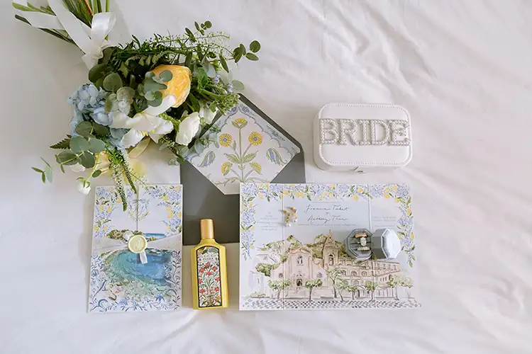 Wedding stationery and bridal bouquet details for a winter wedding in Taormina, Sicily