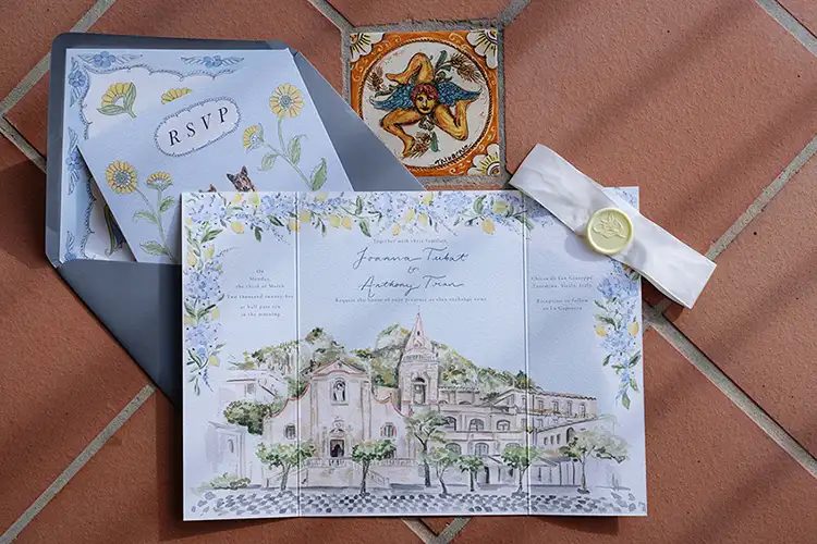 Hand-painted wedding invitations inspired by Taormina for a winter destination wedding in Sicily