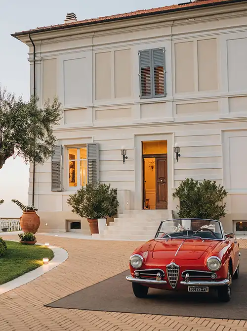 Seaside Villa Wedding in Abruzzo at Villa Estea with historic Italian villa and vintage car