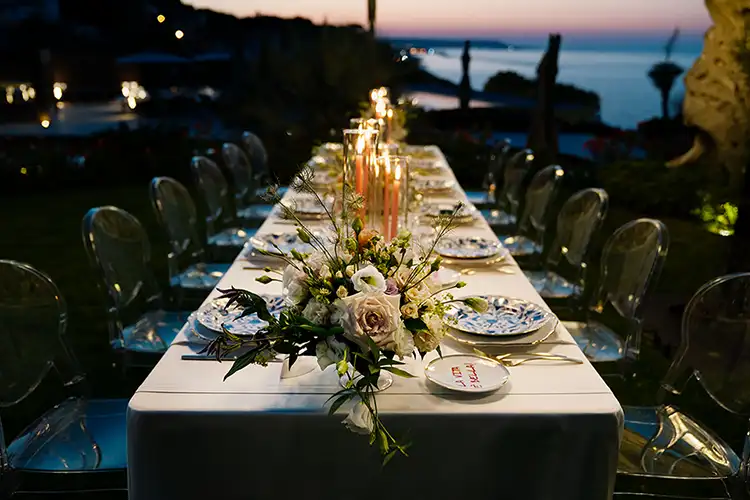 Refined wedding table décor with candles and sea view at Villa Estea on the Adriatic Coast
