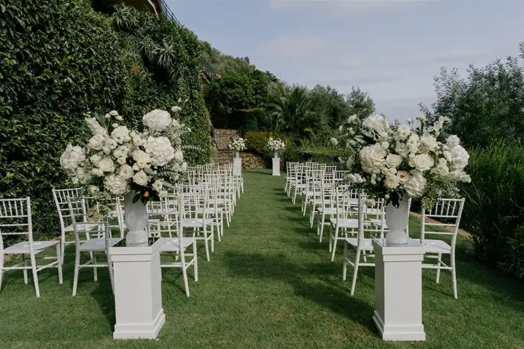 Outdoor wedding ceremony setup overlooking the sea in Portofino
