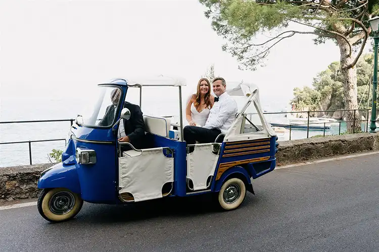 Vintage Ape Calessino driving along the Portofino coast
