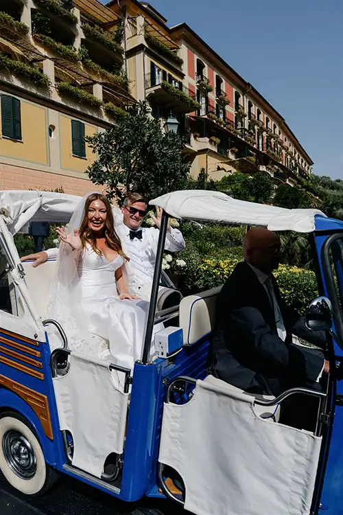 Bride and groom arriving in Portofino with vintage Ape Calessino