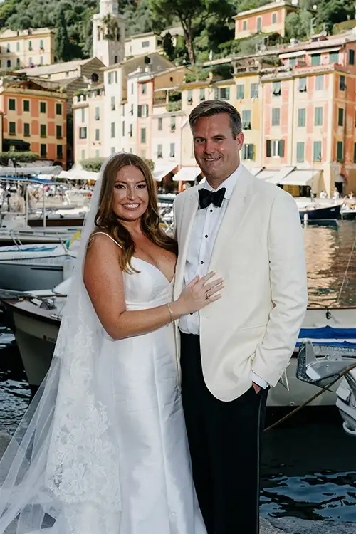Bride and groom portrait in Portofino harbour
