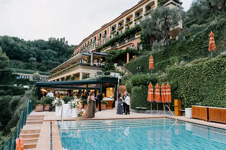 Poolside wedding aperitivo at Hotel Splendido in Portofino