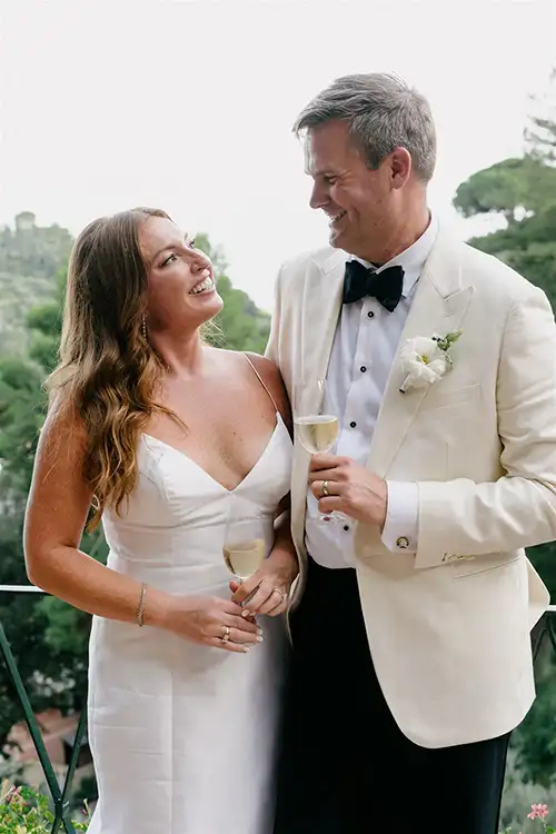 Bride and groom enjoying aperitivo with sea views in Portofino