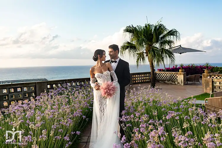 Bride and groom at Villa Paola overlooking the Tyrrhenian Sea in Tropea