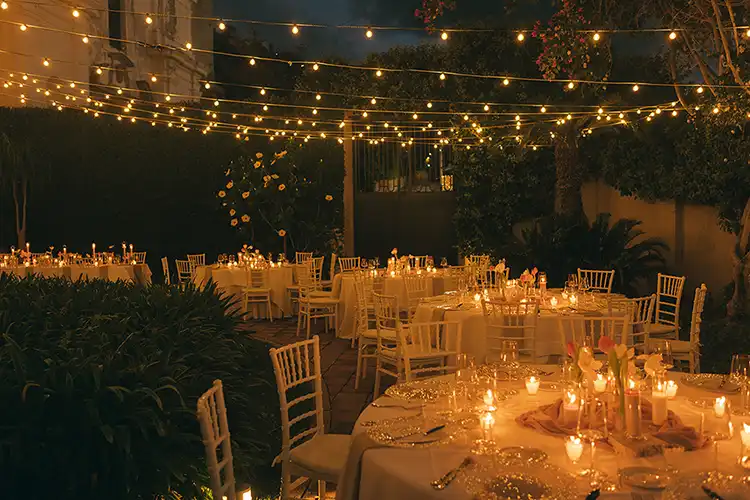 Romantic evening wedding reception at Villa Paola