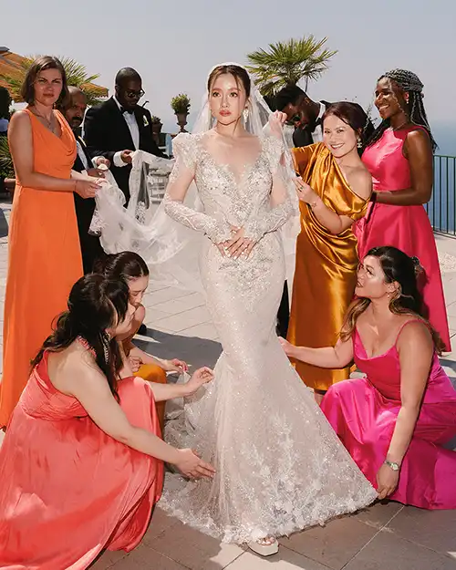 Bride surrounded by bridesmaids before the wedding ceremony in Capri