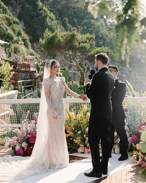 Bride and groom exchanging vows during a wedding ceremony in Capri