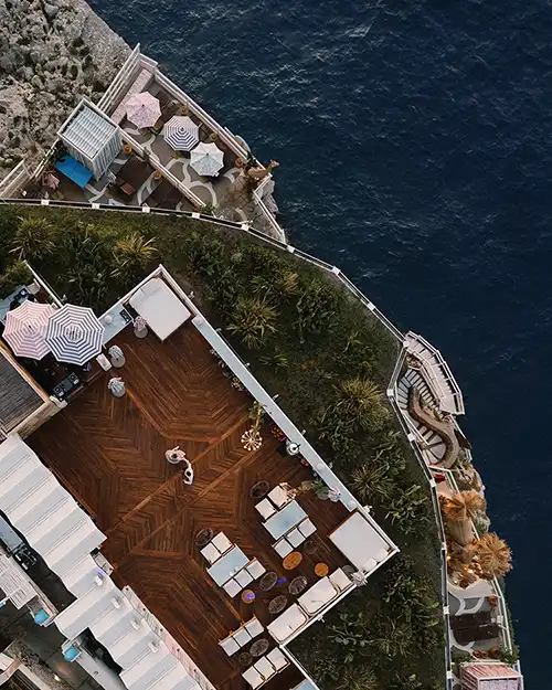 Aerial view of Il Riccio wedding terrace overlooking the sea in Capri