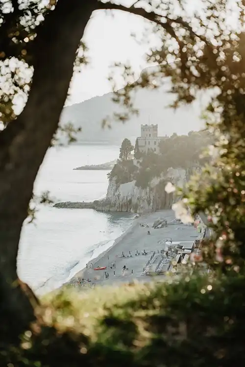 Panoramic view of the Italian Riviera coastline surrounded by Mediterranean vegetation